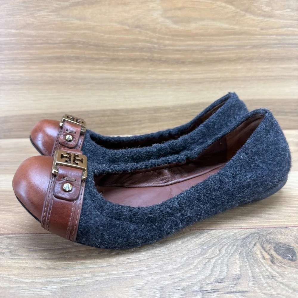Tory Burch Ambrose Ballet Flats Womens‎ 6.5 M Charcoal Felt Brown Cap Toe